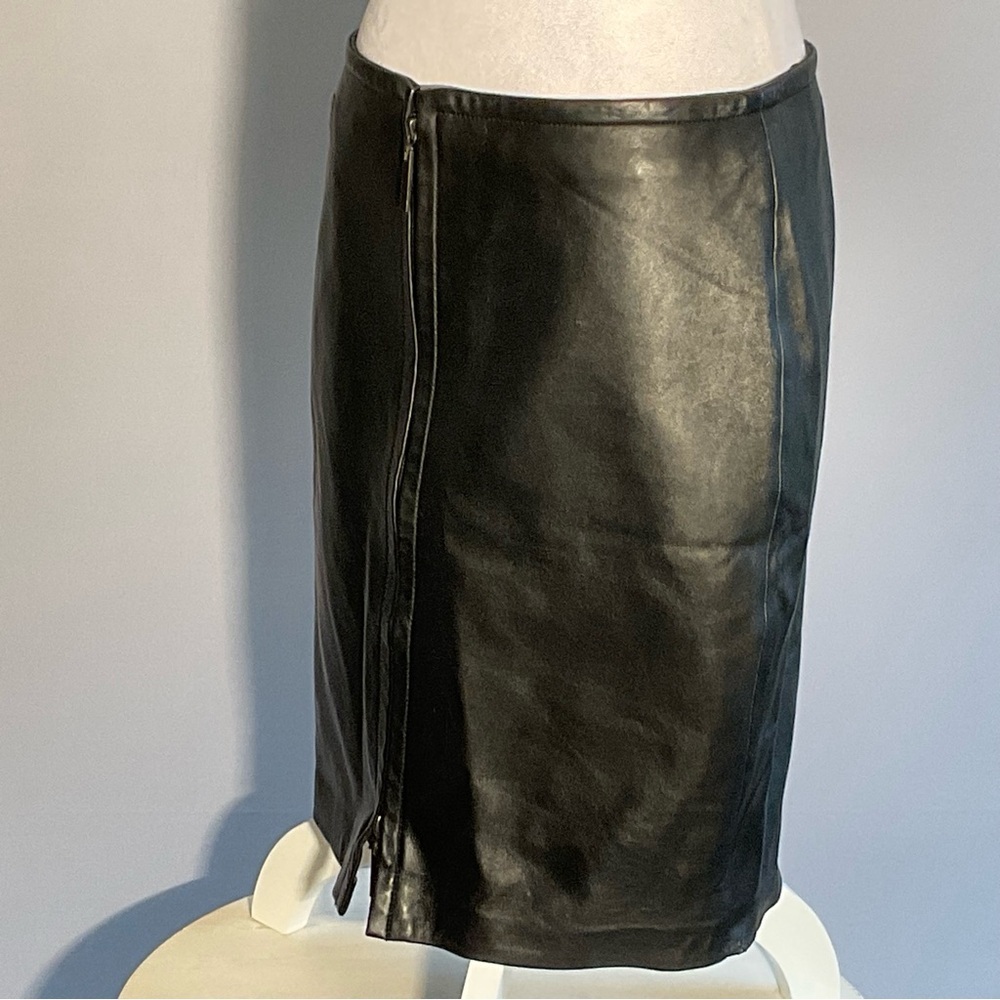 Express Genuine Leather Skirt 7/8 Black Midi Zip Front 2-Way Zipper - Picture 12 of 16